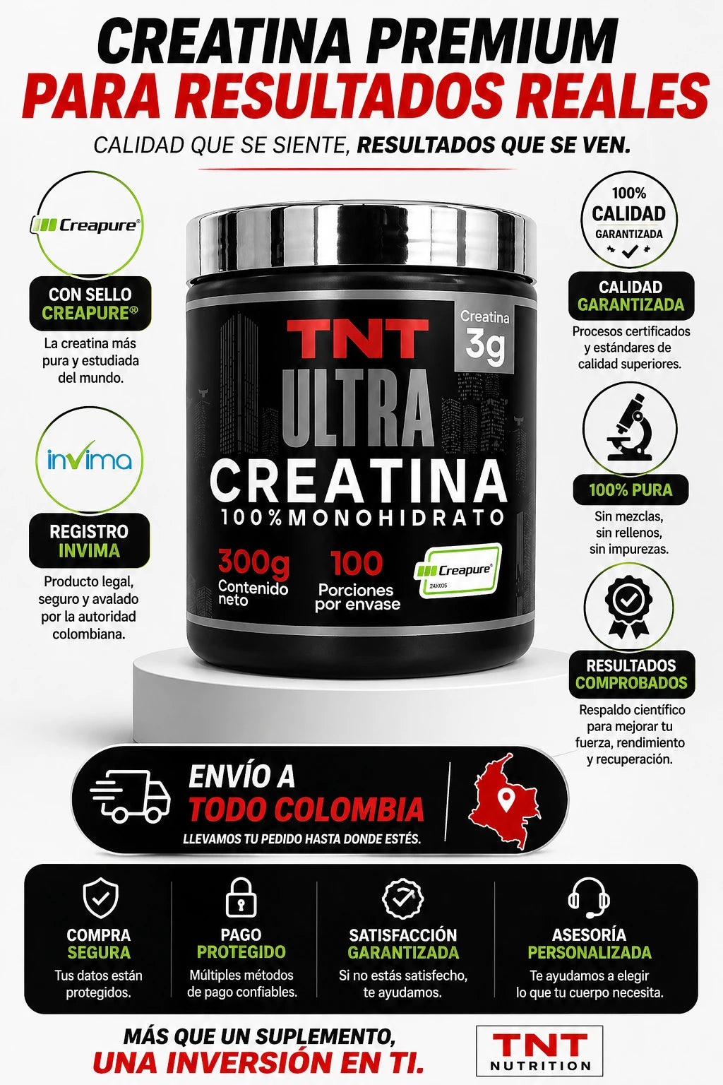 Creatina Monohidratada TNT Creapure 100 servicios